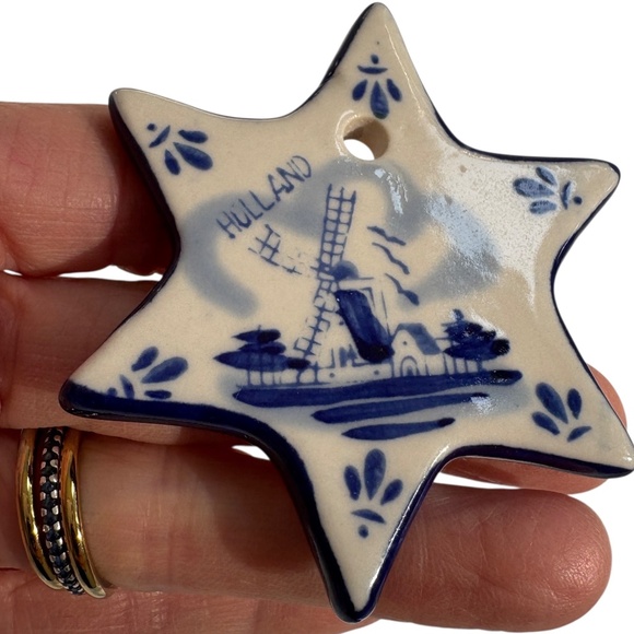 ornament blue white handmade Holland Netherlands windmill 6 point star ceramic - Picture 5 of 5